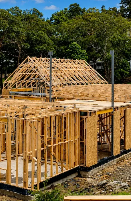 Timber wall frames and roof trusses on site